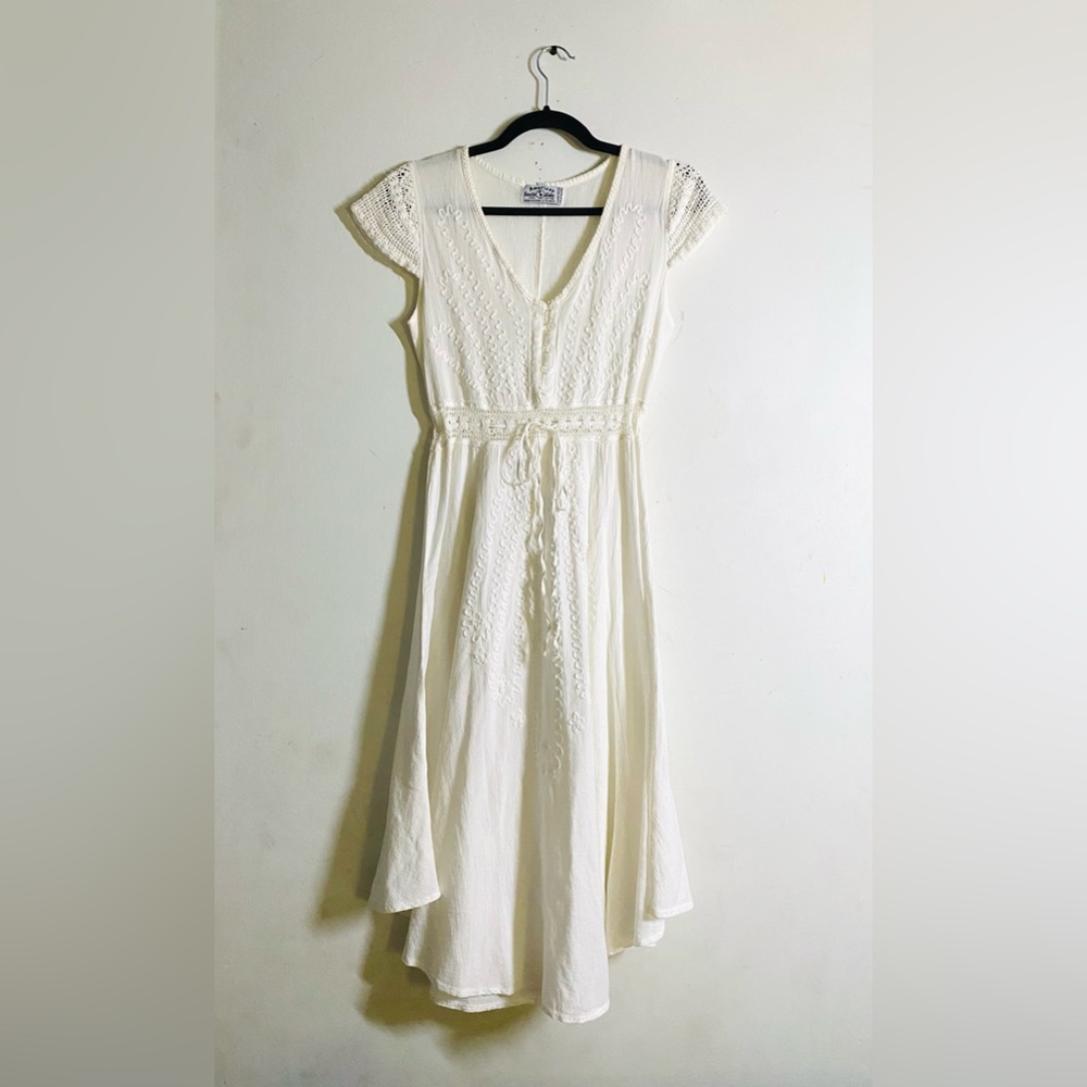 Vintage American South Side white crochet embroidered boho midi dress size/M
